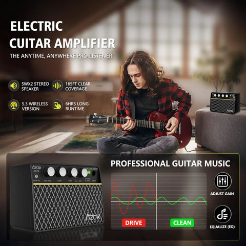 Guitarist playing with 10W Wireless Portable Guitar Amp With Type C Rechargeable Battery and dual channel clean and distortion settings.