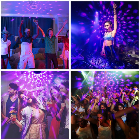 UV Black Lights For Lit Glow Party, 6W LED Disco Ball Strobe Lights, party scenes with colorful lighting and dancing crowd