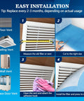 Installation guide for Cut-To-Fit Air Vent Filters 20-Inch By 90-Inch With Electrostatic Triple-Layer Filtration for various vent types.