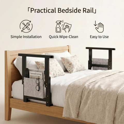 Adjustable Bed Rail For Seniors, Sturdy Grab Bar Supports Up To 300 Lbs, Black Bedside Safety Handle on wooden bed with pillows