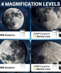 Beginner Friendly 90mm Refractor Telescope With 600mm Focal Length 180x Magnification Phone Adapter Tripod And Carry Bag For Astronomy Planet Viewing For Kids And Adults shown with four magnification levels using 25mm and 10mm eyepieces with 3X Barlow Lens. Images display detailed moon textures.