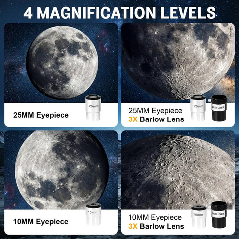 Beginner Friendly 90mm Refractor Telescope With 600mm Focal Length 180x Magnification Phone Adapter Tripod And Carry Bag For Astronomy Planet Viewing For Kids And Adults shown with four magnification levels using 25mm and 10mm eyepieces with 3X Barlow Lens. Images display detailed moon textures.