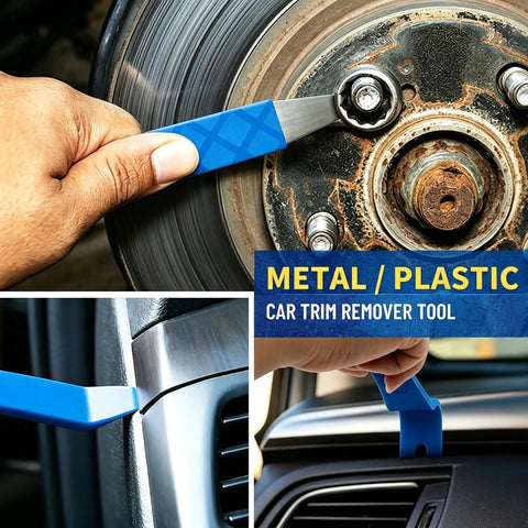 18 Piece Auto Trim And Fastener Removal Tools Set with metal and plastic trim remover on car panel and wheel hub