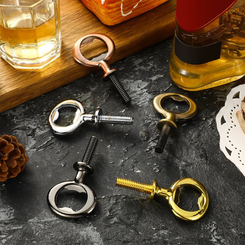 Top view of Patelai 10-piece metal bottle opener inserts kit in silver, gold, copper, and black with screws.