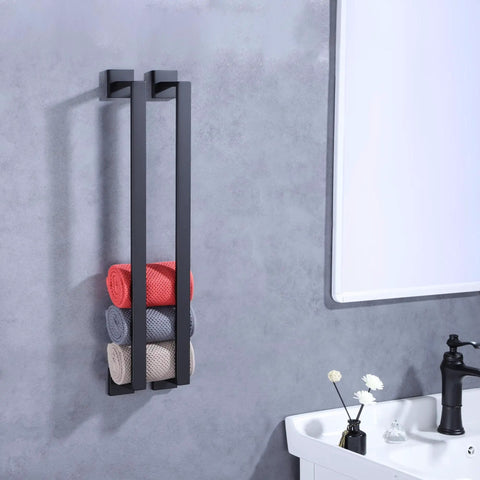 2 Pack Matte Black 24 Inch Stainless Steel Bathroom Towel Bar Set Wall Mount Towel Rack Hanger for Kitchen and Bath displayed with towels