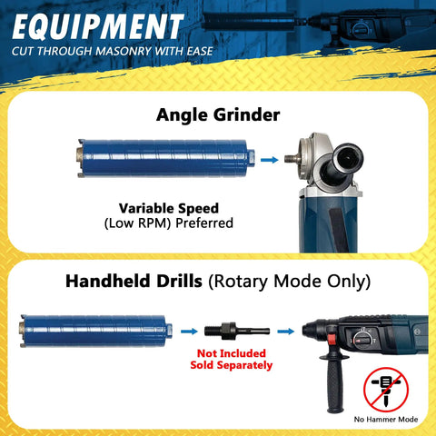 Pro Grade Dry Diamond Core Drill Bit For Brick And Masonry Five Eighths By Eleven Threaded Arbor shown with angle grinder and handheld drill