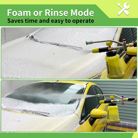 Foam Cannon With Dual Connectors For Pressure Washers spraying foam on car hood with Double Tip Soap Cannon Attachment