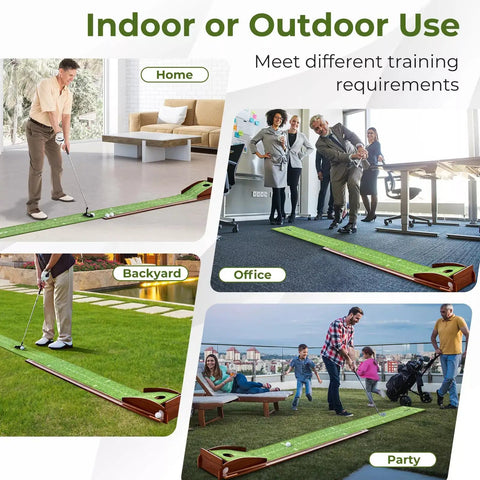 Collage of using Indoor Golf Putting Mat With Putter And Five Practice Balls Auto Ball Return Velvet Surface in various settings