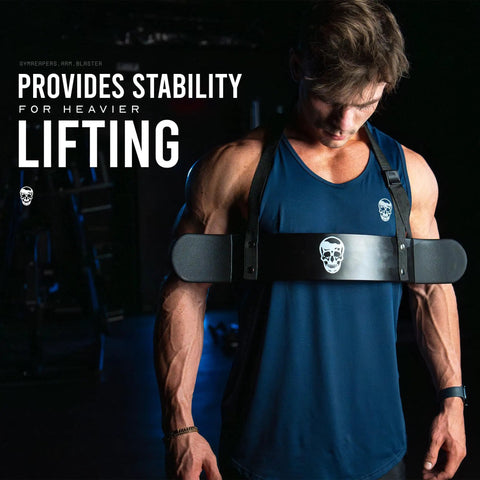 Person weightlifting with Arm Blaster For Bigger Biceps With Thick Aluminum Build Contoured Padded Edges Adjustable Elbow Posture Support