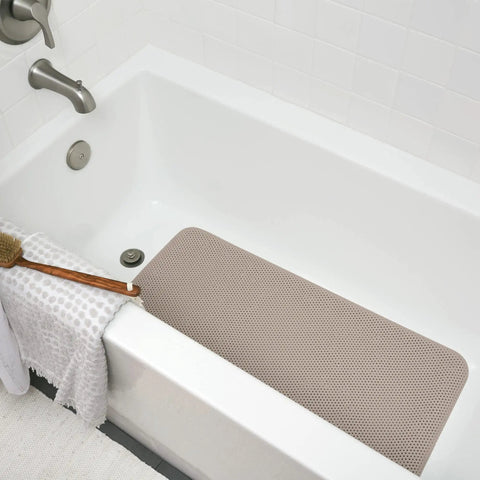 Softex Bath Mat For Tubs 17 By 36 Inches Taupe Machine Washable Skid Resistant With Suction Cups And Drain Holes in white bathtub