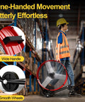 Person moving Heavy Duty Industrial Drum Fan 24 Inch High Velocity Floor Fan With 360 Degree Tilt, 3 Speeds, 320W, All Metal Construction