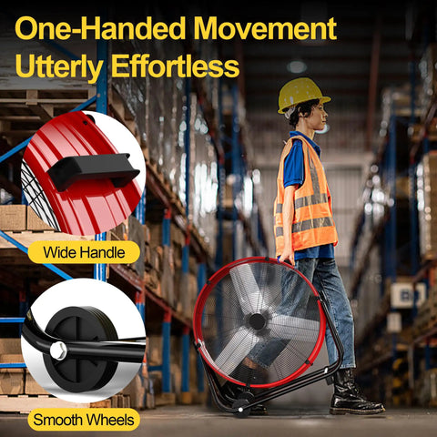 Person moving Heavy Duty Industrial Drum Fan 24 Inch High Velocity Floor Fan With 360 Degree Tilt, 3 Speeds, 320W, All Metal Construction