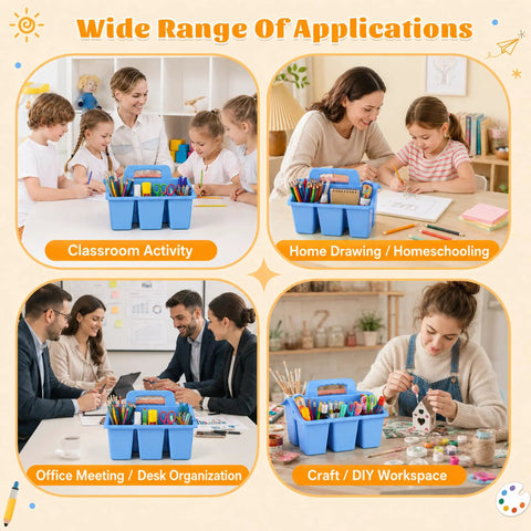 Plastic Classroom Caddy With Handle Six Pack 4 Compartment Desk Organizer in various settings: classroom, home, office, craft.