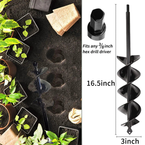 Heavy Duty Garden Auger Drill Bit For Fast Planting 3x16.5 Inch With Solid Spiral Blades And 3/8 Inch Hex Drive in use in soil