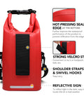 Red waterproof roll-top dry bag with black Velcro strap and shoulder straps (front view)