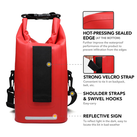 Red waterproof roll-top dry bag with black Velcro strap and shoulder straps (front view)