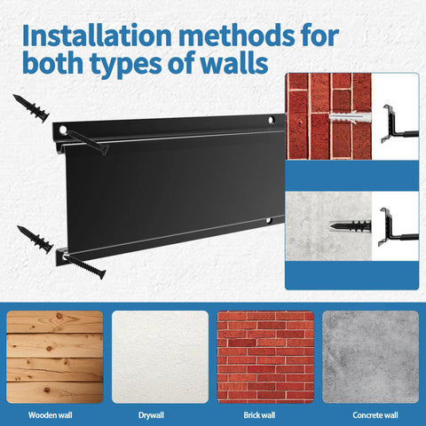 Installation method for Must Have 48 Inch Heavy Duty Wall Tool Organizer Rack with different wall types and screws