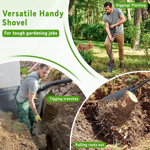 Man using Narrow 15 Inch Spade Shovel Workhorse for precise digging and trenching, 3mm saw teeth blade, suitable for edging and plating.