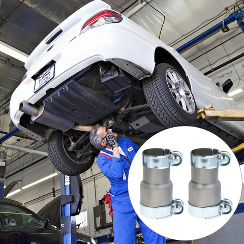 Mechanic working on car exhaust with inset of Stainless Steel Exhaust Adapter With Clamps, Two Pack, Fits 2.5 Inch To 3 Inch