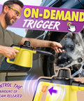 Man using No Stress Deep Clean Handheld Steam Cleaner With 1200 Watt Fast Heat to clean car wheel with steam.