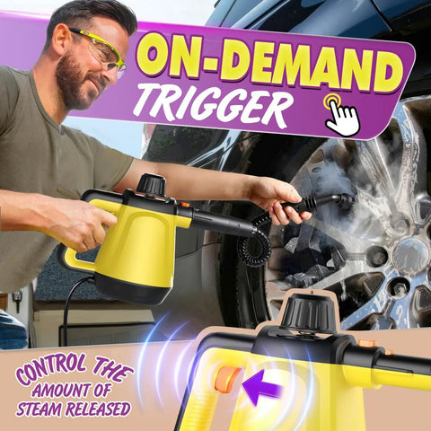 Man using No Stress Deep Clean Handheld Steam Cleaner With 1200 Watt Fast Heat to clean car wheel with steam.