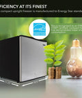 Compact Upright Freezer With Secure Lock, 1.1 Cu Ft Stainless Steel Mini Icebox with Energy Star certification and dimensions.