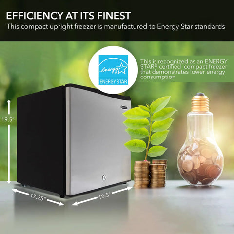 Compact Upright Freezer With Secure Lock, 1.1 Cu Ft Stainless Steel Mini Icebox with Energy Star certification and dimensions.
