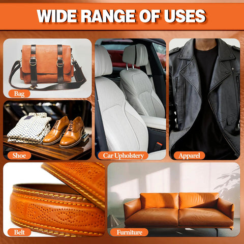 Leather Glue 60ml Extra Strong Waterproof Flexible Adhesive For Leather And Vinyl With Fast Dry Tech Ideal For Shoes Bags Sofas Jackets Car Seats And Other Repairs shown repairing various leather and vinyl items including bags, car seats, jackets, shoes, belts, and sofas.