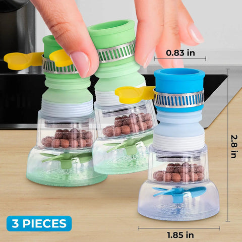360 Rotating Faucet Filter Extenders Set For Sink Direct Water Flow And Splash Reduction, Easy To Install, Adjustable Angles, Three Piece Extension Kit Fits Most Kitchen And Bathroom Taps, Saves Forty To Seventy Percent Water; close-up of three-piece set with dimensions.