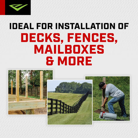 Image showing applications of One Person Earth Auger Powerhead 43cc 2 Cycle Viper Engine for installing decks, fences, and mailboxes.
