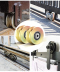 4-inch heavy-duty v-groove gate wheel set with double bearings; front, side, and installed views of v-track wheels.