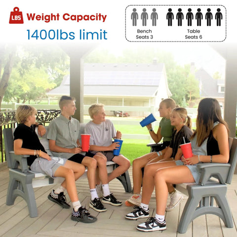Two In One Outdoor Bench And Picnic Table Foldable And Weatherproof For Patio Lawn Garden Or Deck, seating group of six outdoors.