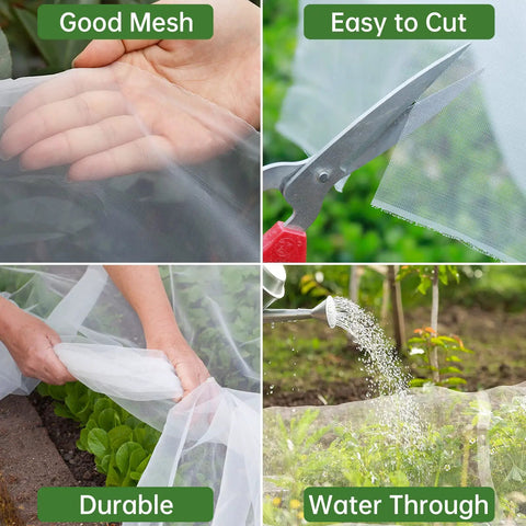 Collage showing Two Pack Ultra Fine Garden Netting 10x33Ft See Through Insect Barrier For Protecting Veggies Fruits Flowers.