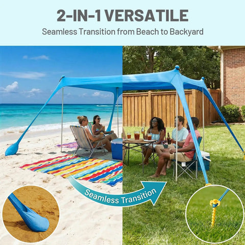 10x10 Ft Beach Sun Shelter Tent With Lycra Canopy Adjustable 2 Or 4 Pole Setup for beach and backyard use, blue.