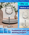 2.8oz Glass Etching Kit With High Adhesion Stencils Easy To Use Do It Yourself Matte Glass Designs For Wine Glasses Mugs Jars And Mirrors Durable Long Lasting Results No Experience Needed showing before and after etched wine glass.