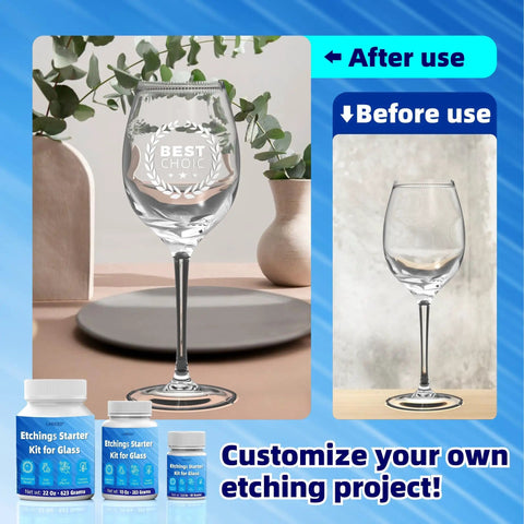2.8oz Glass Etching Kit With High Adhesion Stencils Easy To Use Do It Yourself Matte Glass Designs For Wine Glasses Mugs Jars And Mirrors Durable Long Lasting Results No Experience Needed showing before and after etched wine glass.