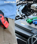 Person placing Your Go To 11 Piece Folding Hex Key Set SAE Three Thirty Seconds To One Half Inch Heavy Duty Allen Wrench Set Portable Red in pocket by car engine.