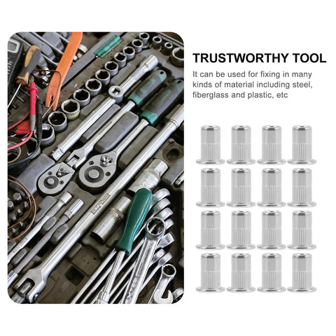Flat Head Rivet Nuts With Knurled Bodies Stainless Steel 40 Piece Pro Grade Threaded Rivet Nut Kit shown with tools