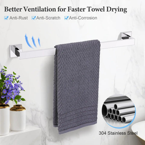 Five Piece Bathroom Hardware Set With Polished Stainless Steel Towel Bar And Rail, towel hanging in a bathroom, rust-free finish