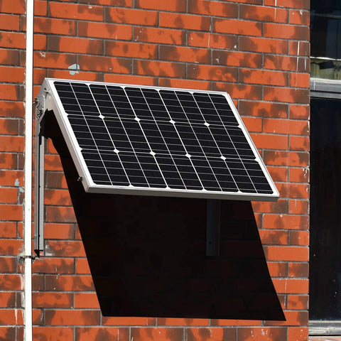 50W 12V Solar Panel Charger Kit With Ultra Smart MPPT Controller on brick wall showcasing adjustable mount bracket