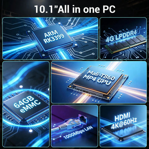 Image showing components of 10.1 Inch Fanless Industrial Touchscreen Computer featuring RK3399 processor and connectivity options.