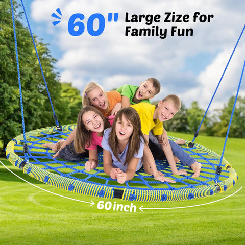 Four kids smiling on 60 Inch Spider Web Saucer Tree Swing for Kids and Adults Heavy Duty Outdoor Net Swing with Steel Frame
