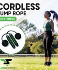 Woman using ropeless jump rope for indoor fitness and small spaces with 360 degree bearings, adjustable cordless weighted design outdoors.