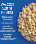 Close-up of Fettuccine Alfredo With Chicken Freeze Dried Camping Meal For Outdoors with creamy sauce in a blue bowl.