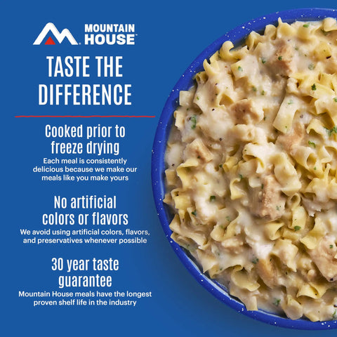 Close-up of Fettuccine Alfredo With Chicken Freeze Dried Camping Meal For Outdoors with creamy sauce in a blue bowl.