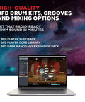 Laptop displaying BFD drum software for Nitro Ultimate Electric Drum Set With Dual Zone Quiet Mesh Pads Movable Hi Hat 640 Sounds