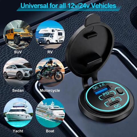 Heavy Duty 12V USB C Charger With PD 20W And 18W QC3 Waterproof Power Outlet For Car Boat RV Truck Marine Golf Cart 12V 24V
