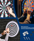 Hands using Portable Dartboard Mounting Bracket Kit with screws and stabilizers on wall, various darts boards shown.