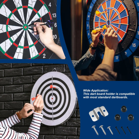 Hands using Portable Dartboard Mounting Bracket Kit with screws and stabilizers on wall, various darts boards shown.