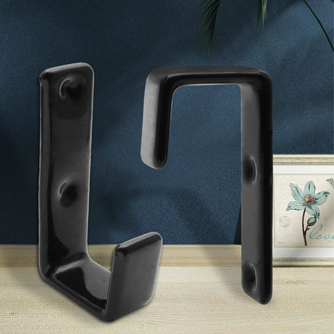 Tough As Nails 2 Pack Bunk Bed Ladder Hook Brackets Heavy Duty Black Iron J Clips displayed on a wooden surface.